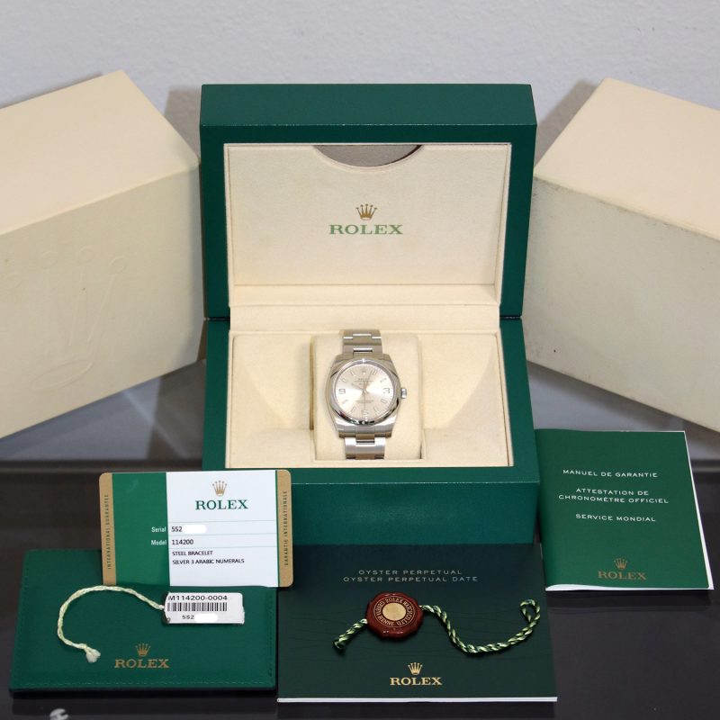 2014 Rolex Air-King 114200 Quadrante Argento 3/6/9 Full-Set - immagine 18