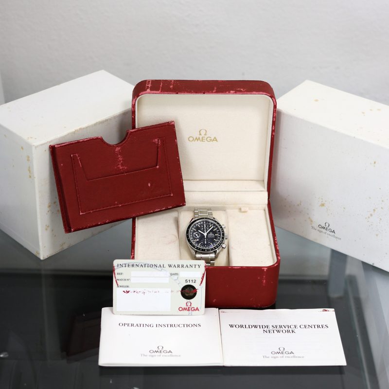 ca. 1995 Omega Speedmaster Day Date 35205000 Black Dial with Creamy Yellow Markes Box & Cards - Image 12