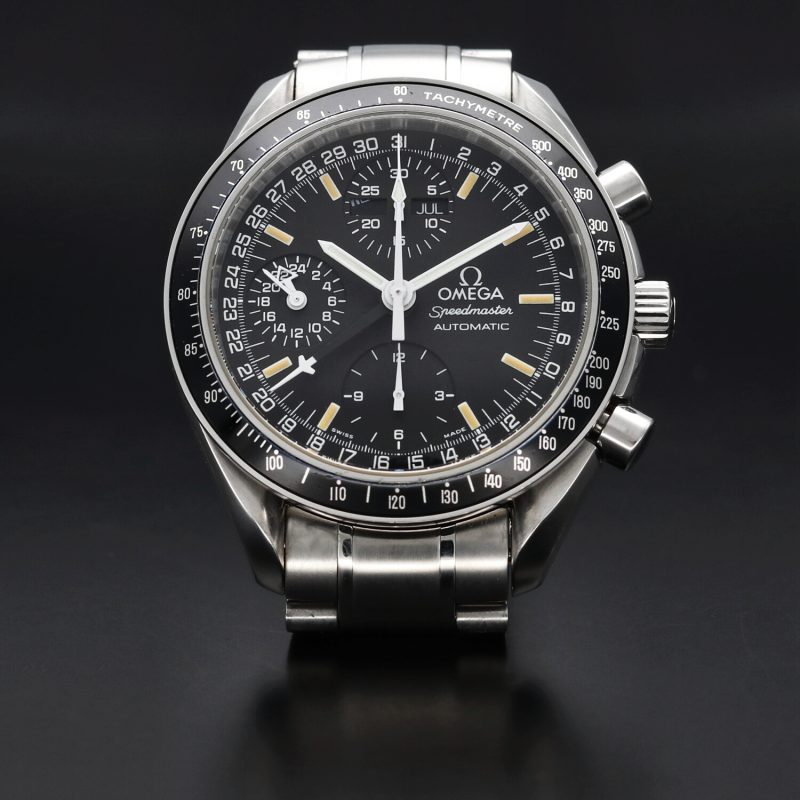 ca. 1995 Omega Speedmaster Day Date 35205000 Black Dial with Creamy Yellow Markes Box & Cards - Image 4